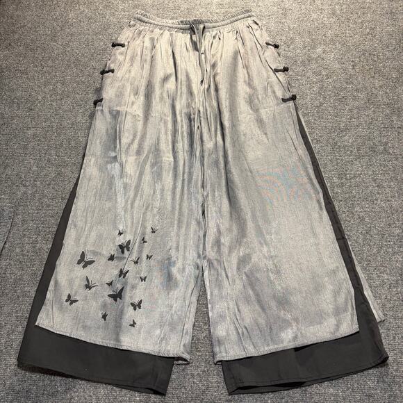 No Brand Pants - Chinese Style Gray Black Wide Leg Pants Womens XL Butterfly Print Frog Buttons